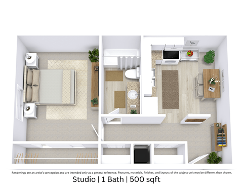 Floor plan for studio, 1 bath, 500 sqft